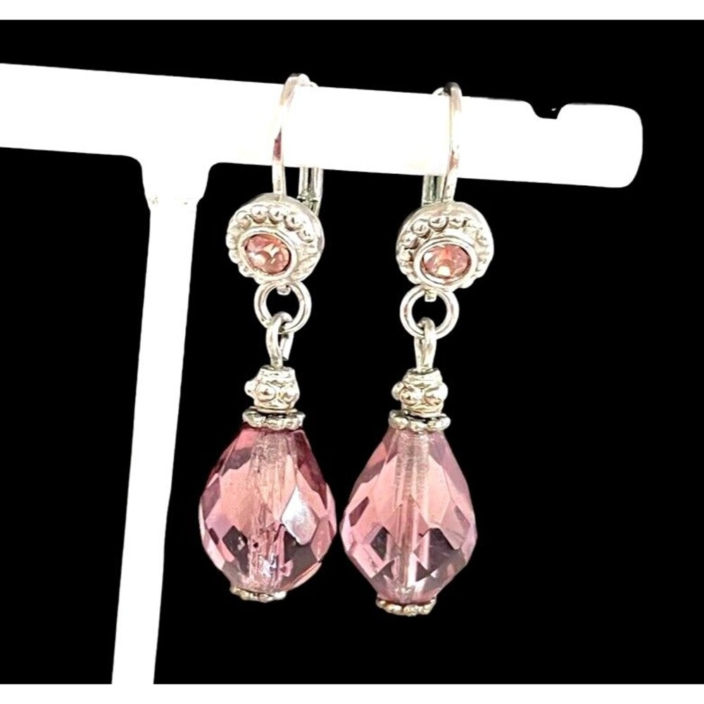 Vintage 1970s Silver Tone Pink Crystal Drop Earrings Leverback - 1Q
